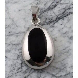 Sterling Silver Thailand Black Onyx Pendant Necklace Bezel Set High Polish Mint!